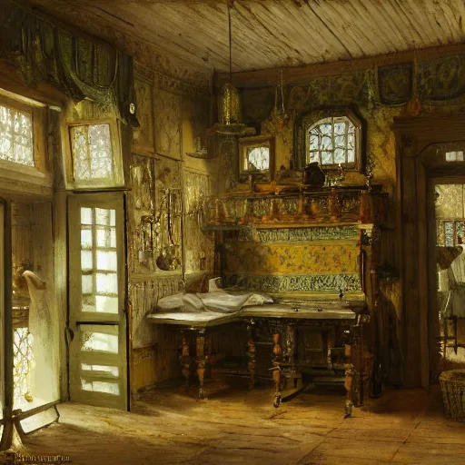 Image similar to detailed painting of a laundry room, filigree ornaments, andreas achenbach,