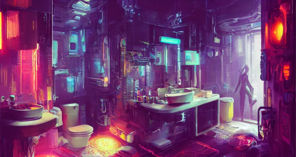 Prompt: IKEA catalogue photo of an epic cyberpunk bathroom, by Paul Lehr, 8k, HD, realistic, cinematic, artstation, details