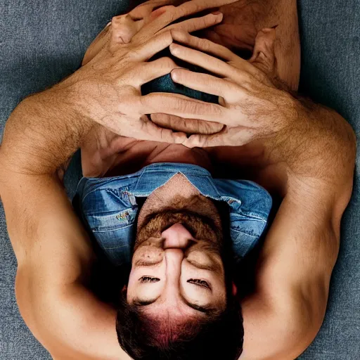 Prompt: closeup portrait of an australian man watching netflix upside down, natural light, bloom, detailed face, magazine, press, photo, steve mccurry, david lazar, canon, nikon, focus