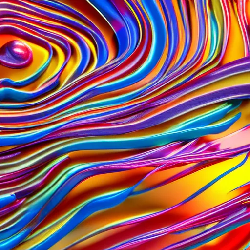 Prompt: colorful abstract sculpture made of metal and blown glass with waves and twist, detailed 4 k 3 d render