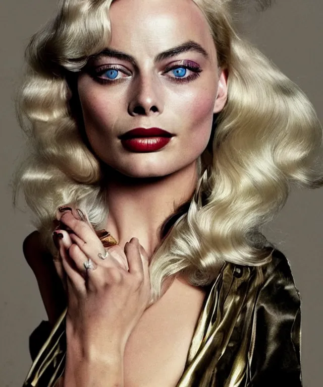 Prompt: a color photograph of margot robbie, by tim walker, platinum blond, intense, bold, exaggerated, ultra sharp, extra details, ultra high quality, trending on pinteresst