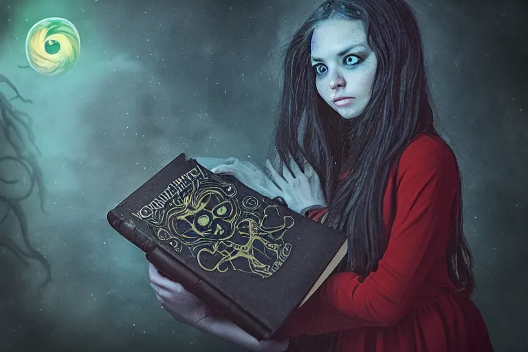 Image similar to romantic photo of bright girl, her cat and her book of necronomicon, symmetrical, cinematic, real dlsr photography, sharp focus, 4 k, ultra hd, sense of awe, sinister demonic atmosphere, dreadful, forbidden knowledge, old gods, cthulhu, yog - sothoth! yah, yah, yah! cultist journal cover