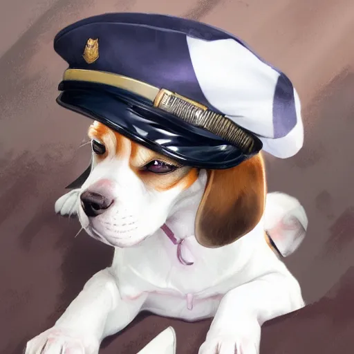Image similar to An anime portrait of a beagle puppy in a captain's uniform sleeping, by Stanley Artgerm Lau, WLOP, Rossdraws, James Jean, Andrei Riabovitchev, Marc Simonetti, and Sakimichan, tranding on artstation