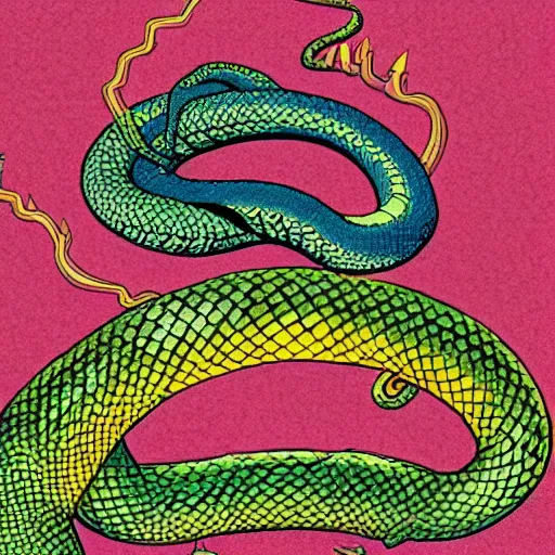 Prompt: a snake biting itself in the center of a tarot card with intricate details in the frames, colors: green, violet, blue, yellow, 4k, high quality render.