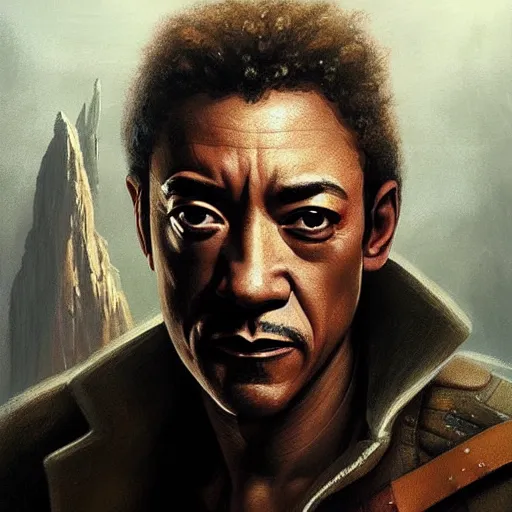 Image similar to portrait giancarlo esposito as han solo, intricate elegant, highly detailed, digital painting, artstation, concept art, smooth, sharp focus, illustration, art by artgerm and greg rutkowski! and, heavily influenced by frank frazetta and boris vallejo, sword and sorcery