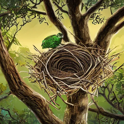 Image similar to bird nest in a tree, concept art, illustrated, highly detailed, high quality, bright colors, optimistic,