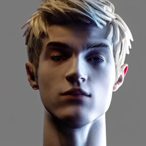 Image similar to “a realistic detailed photo of a guy who is an attractive humanoid who is half robot and half humanoid, who is a male android, twitch streamer Ninja Tyler Blevins, shiny skin, posing like a statue, blank stare, bedroom, close up”