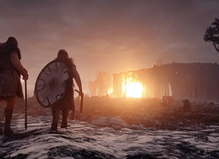 Image similar to a viking guiding a moose through an abandoned viking village, burnt huts, bodies on the ground, dramatic dramatic lighting, dawn, by caspar david friedrich, unreal engine 5