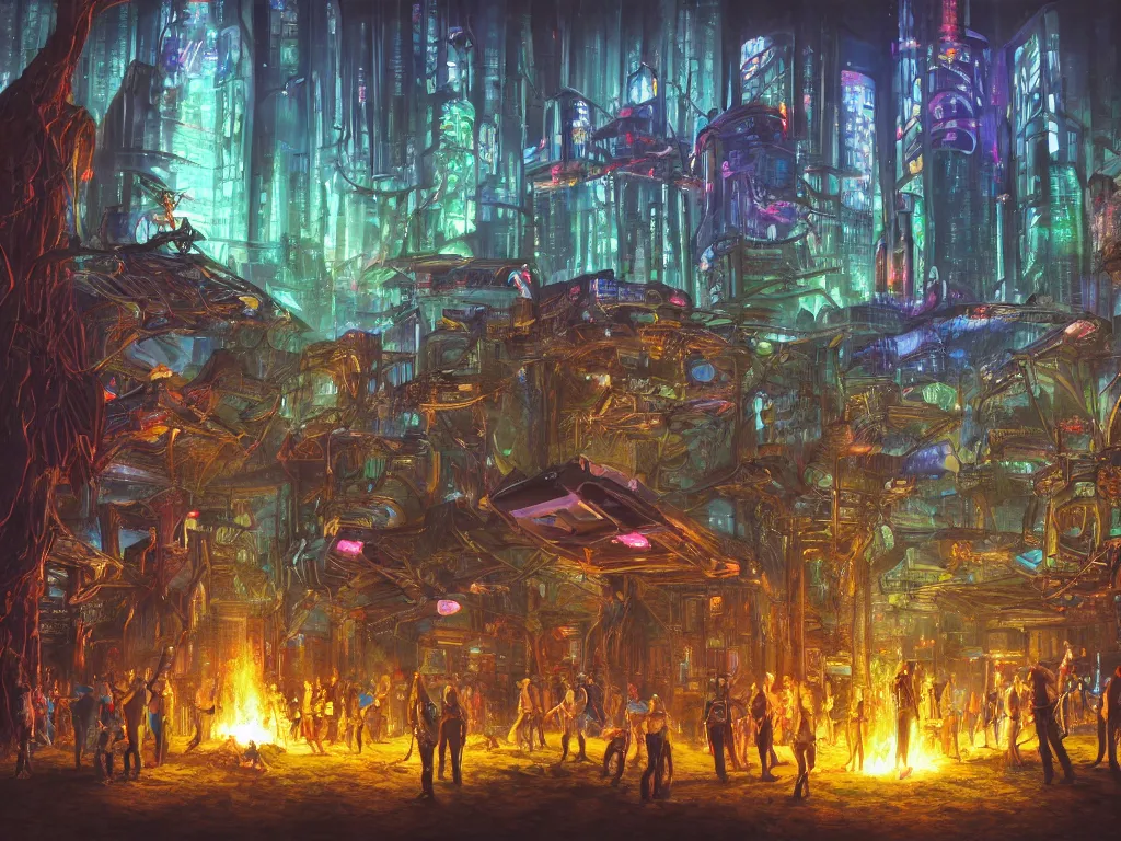 Image similar to a professional painting of a mystical cyberpunk tribe gathering at a magical location in the forest lit by fire and intense laser lights extreme wide angle view from below