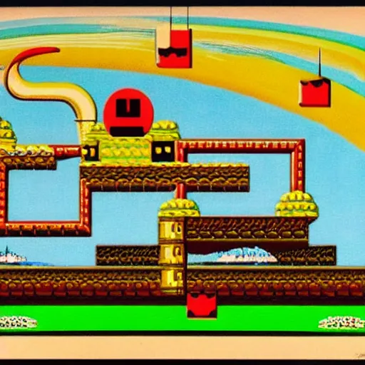 Prompt: Mario Bros game screen, 80's platform game,Dali style