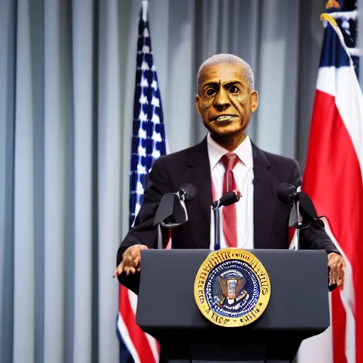 Prompt: president puppeteer that looks like a marionette in a podium giving a press conference