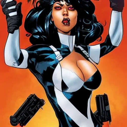 Image similar to Domino from Marvel Comics with Mia Khalifia face,