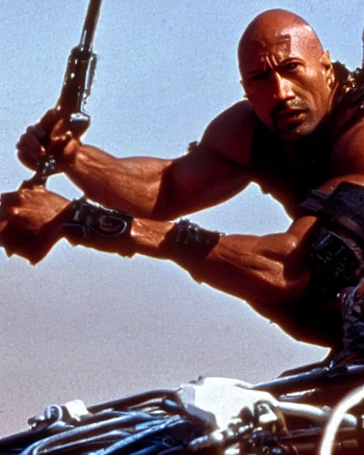 Image similar to film still close up shot of dwayne johnson in the movie mad max 2 the road warrior. photographic, photography