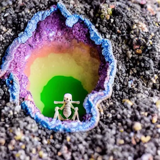 Prompt: tiny dinosaur skeleton inside a geode of multi-colored crystals