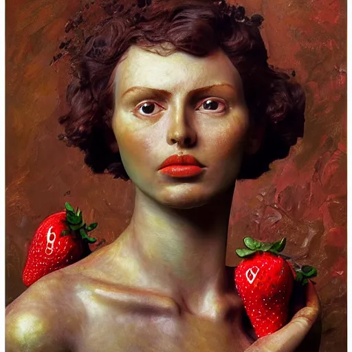 Image similar to a sculpture portrait made of candys and strawberries and melted chocolate and plants, painting part by wojciech siudmak, part by ilya repin, part by max ernst, part by norman rockwell, artstation