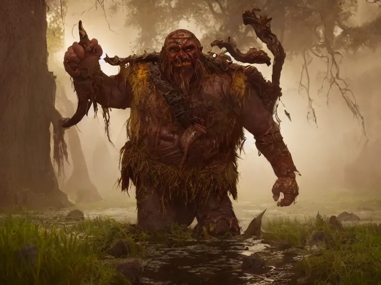 Image similar to Scaredy Cat Dwarf Ranger trips while running through Haunted Swamp, RPG Scene, Oil Painting, Trending on Artstation, octane render, Insanely Detailed, 8k, HD