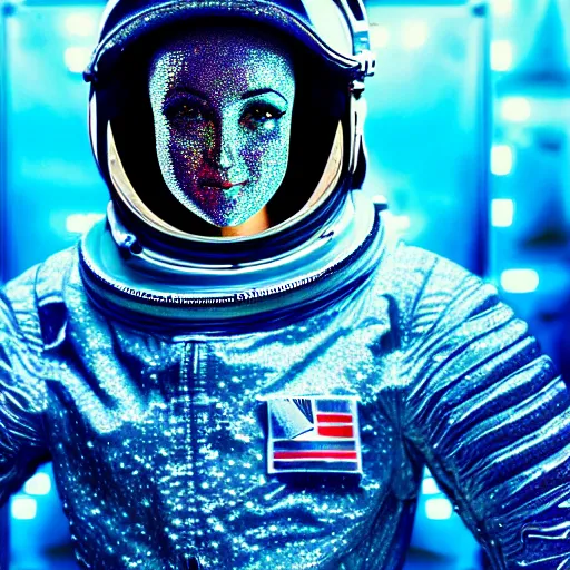 Prompt: realistic extremely detailed photo style portrait painting of a complete astronaut suit with exposed diamond 3d fractal lace iridescent bubble 3d skin clear brain , retro futuristic ,water , rich moody colors,diamond dust glitter and sparkles, holographic krypton ion,blue eyes,octane render,4k,f32
