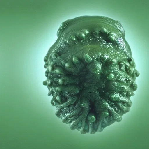 Image similar to tardigrade floating in green slime. finely detailed skin with celluar glossy facets