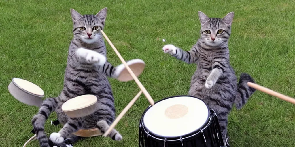 Prompt: a photo of a cat playing drums ironically and funny