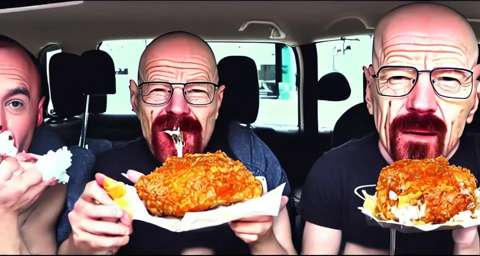 Prompt: walter white mukbang inside car, youtube video screencap, GREASY!!!!! 'dripping grease'!!!! messy, gross!! eating fried chicken, greasy face stuffed with chicken, double chin, real, fat, detailed, 4k