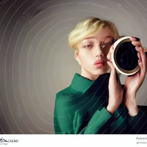 Image similar to realistic photoshooting for a new balenciaga lookbook, color film photography, photo of a beautiful blonde woman, photo in style of tyler mitchell, fisheye lens,