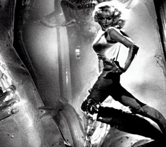 Prompt: a movie still of marlin monroe in the movie alien running from a xenomorph, fear, leg lights, panic