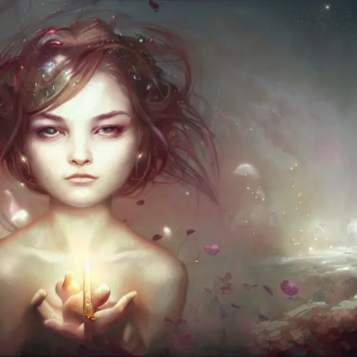 Image similar to face of a cute girl with eyes wide open looking into enlightenment by peter mohrbacher and emmanuel shiu and martin johnson heade and bastien lecouffe - deharme
