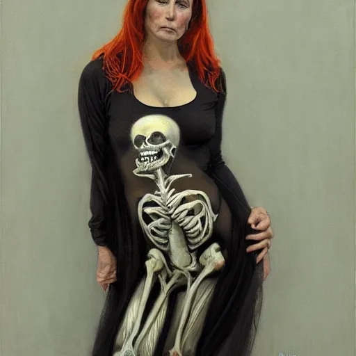 Prompt: portrait of a woman in a spandex skeleton onesie, by donato giancola.