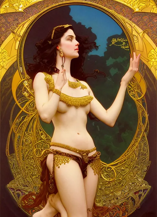 Prompt: leyendecker, michael whelan, belly dancing woman with long wavy brown hair pale skin, graceful arms, jeweled costume, gold jewelry, flowers, art nouveau, stephen bliss, unreal engine, by greg rutkowski, loish, ferdinand knab, ilya kuvshinov, rossdraws, tom bagshaw, alphonse mucha, global illumination, radiant light