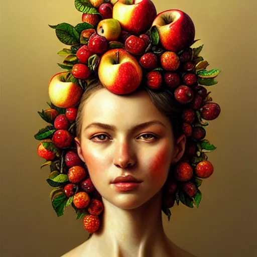 Image similar to portrait made of apples and fruit, fantasy, intricate, elegant, highly detailed, lifelike, photorealistic, digital painting, artstation, illustration, smooth, sharp focus, art by albert aublet, krenz cushart, artem demura, giuseppe arcimboldo