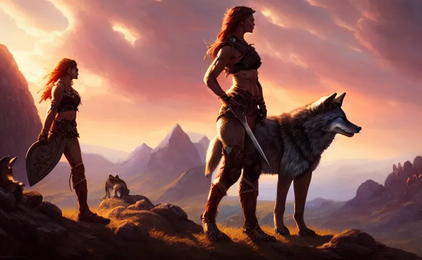 Prompt: a warrior resting axe on her shoulder standing next to a wolf, female, looking onto the horizon, fall, mountain landscape, portrait by magali villeneuve and ames jean and artgerm and greg rutkowski, 4 k, artstation, realistic, cinematic composition, d & d