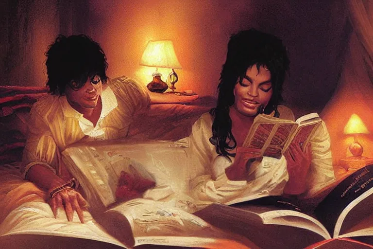 Prompt: portrait of dolly parton reading a bedtime story to michael jackson in bed, an oil painting by ross tran and thomas kincade