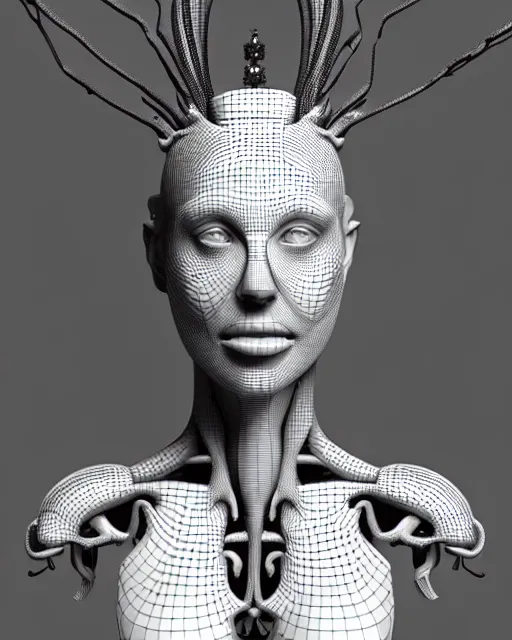 Prompt: a black and white 3D render of a young beautiful female queen-dragon-cyborg bust with a very long neck and a partial Mandelbrot fractal face, anatomical, flesh, facial muscles, veins, arteries, elegant, highly detailed, flesh highly ornate, cable wires, elegant, high fashion, rim light, octane render, in the style of H.R. Giger, Realistic, Refined, Digital Art, Highly Detailed, Cinematic Lighting, rim light, black and white, photo-realistic, 8K