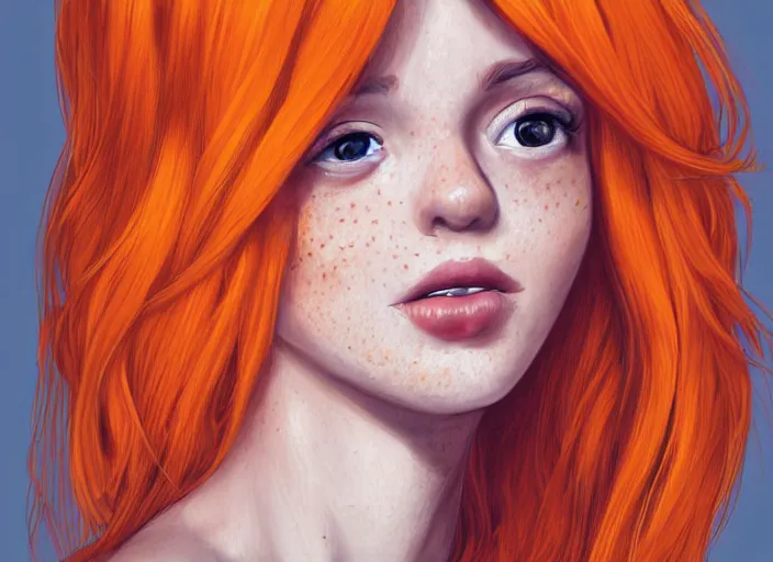 Image similar to portrait Girl with orange hair and freckles, cute-fine-face, pretty face, realistic shaded Perfect face, fine details. realistic shaded lighting by Loish