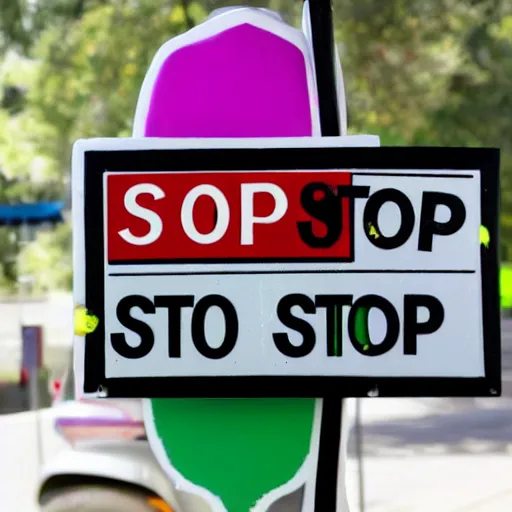 Prompt: stop sign covered in various stickers and spray paint art at a busy street corner