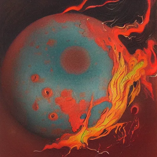 Image similar to a sphere being devoured by abstract splatters of paint in the style of francis bacon, venus being engulfed in flames in the style of james jean, surreal, beksinski, high detailed