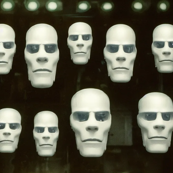 Prompt: five badly lit translucent cyborg heads lying on the shelf in the dark warehouse, sci - fi, film still from johnny mnemonic, wide lens, cinematic, 8 k