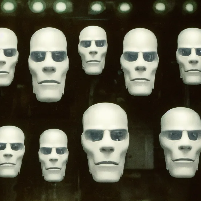 Image similar to five badly lit translucent cyborg heads lying on the shelf in the dark warehouse, sci - fi, film still from johnny mnemonic, wide lens, cinematic, 8 k