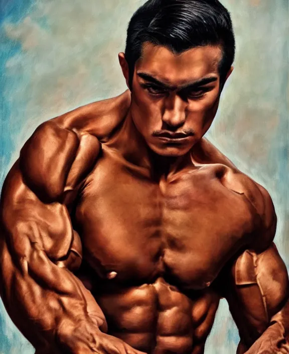 Prompt: heroic portrait of a handsome young mexican bodybuilder, art by denys tsiperko and bogdan rezunenko, hyperrealism