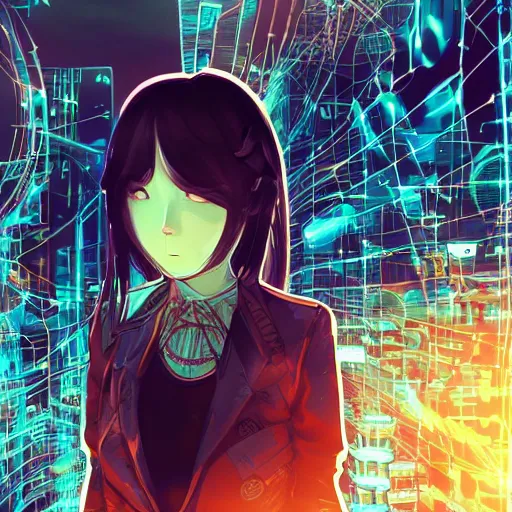 Image similar to Frequency indie album cover, luxury advertisement, blue filter, blue and black colors. Clean and detailed post-cyberpunk sci-fi close-up schoolgirl in asian city in style of cytus and deemo, blue flame, relaxing, calm and mysterious vibes, by Tsutomu Nihei, by Yoshitoshi ABe, by Ilya Kuvshinov, by Greg Tocchini, nier:automata, set in half-life 2, Matrix, GITS, Blade Runner, Neotokyo Source, Syndicate(2012), dynamic composition, beautiful with eerie vibes, very inspirational, very stylish, with gradients, surrealistic, dystopia, postapocalyptic vibes, depth of field, mist, rich cinematic atmosphere, perfect digital art, mystical journey in strange world, beautiful dramatic dark moody tones and studio lighting, shadows, bastion game, arthouse