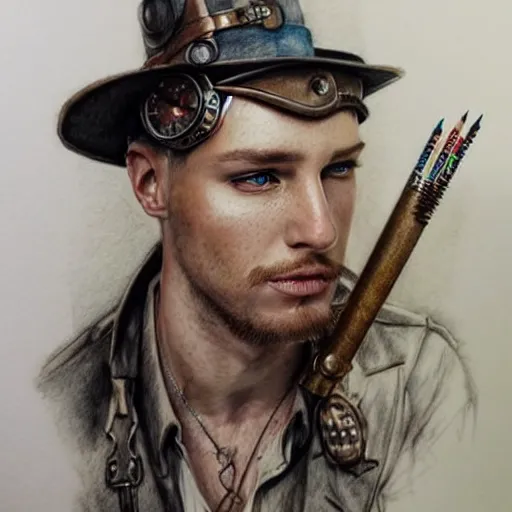 Image similar to hyper realistic pencil drawing of a man steampunk, water color, full figure, detailed, rim light, diffused, intricate, by anna dittmann,