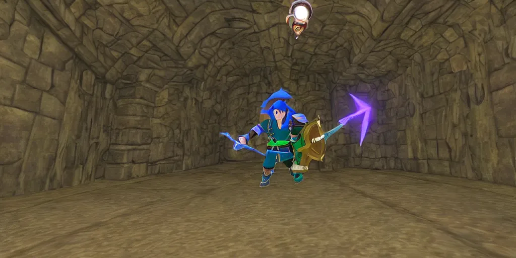 Prompt: Link entering a dungeon in legend of zelda, go pro footage