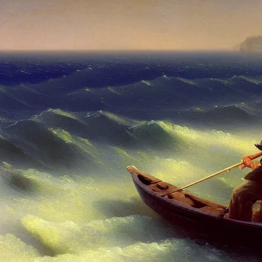 Prompt: a highly detailed painting of a man fishing on a small boat in the ocean by Ivan Aivazovsky, 4k, HD