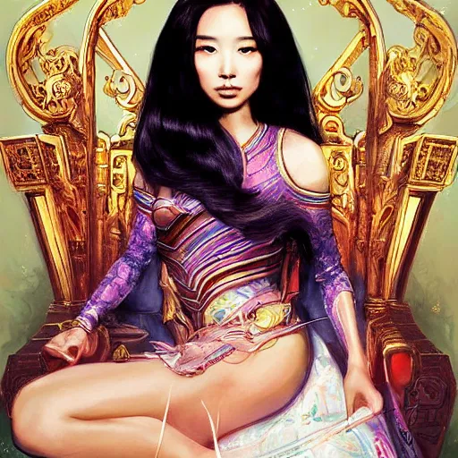 Image similar to portrait of a beautiful young asian woman with shoulder length hair and strong facial bone structure, queen and ruler of the universe, sitting on her throne, men kneeling at her feet, painting by ross tran