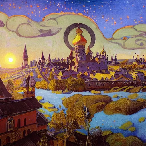 Prompt: photo beautiful magical ancient Slavic Russian city of Kitezh, fisheye lens, painting by Viktor Vasnetsov, concept art, magical city, fantasy cityscape, painting by Nicholas Roerich, ancient Slavs, wooden buildings, ancient Russian architecture, terem, hyperborea, top cinematic lighting , cinematic mood, very detailed, 8k, high resolution, trending on artstation, artstationHD,