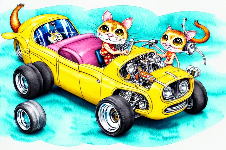 Image similar to cute and funny, margay riding in a tiny hot rod with oversized engine, ratfink style by ed roth, centered award winning watercolor pen illustration, isometric illustration by chihiro iwasaki, edited by range murata, tiny details by artgerm and watercolor girl, symmetrically isometrically centered
