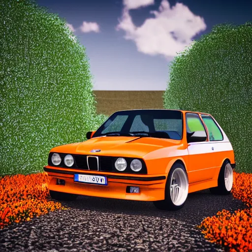 Image similar to blender render of orange bmw e 3 0 m 3 in a field of flowers, picture taken from below