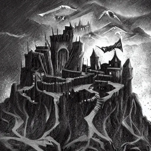 Image similar to castle of satan on a mountain in hell, dark atmospheric, trending on artstation