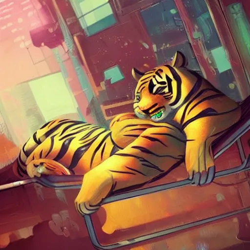 Image similar to a cute sleeping tiger cyberpunk style video game art trending artstation