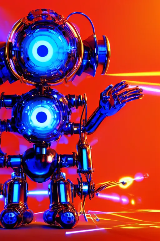 Image similar to portrait photo of a giant huge golden and blue metal humanoid steampunk robot singer with multicolored microphones and big gears and tubes, a red glowing microphone, blue headphones, eyes are glowing red lightbulbs, shiny crisp finish, 3 d render, 8 k, insaneley detailed, fluorescent colors, background is multicolored lasershow